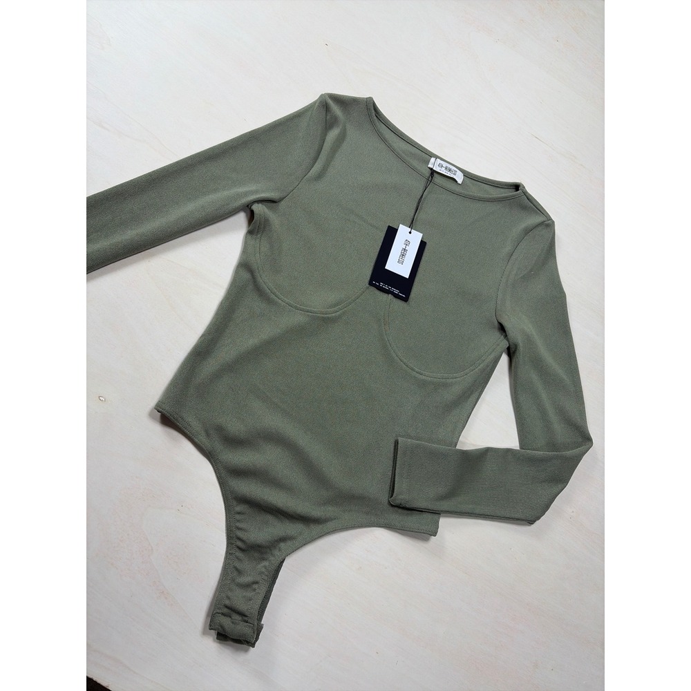 4th & Reckless Sage Green Ribbed Long Sleeve Bodysuit Underbust Seam Detail NWT